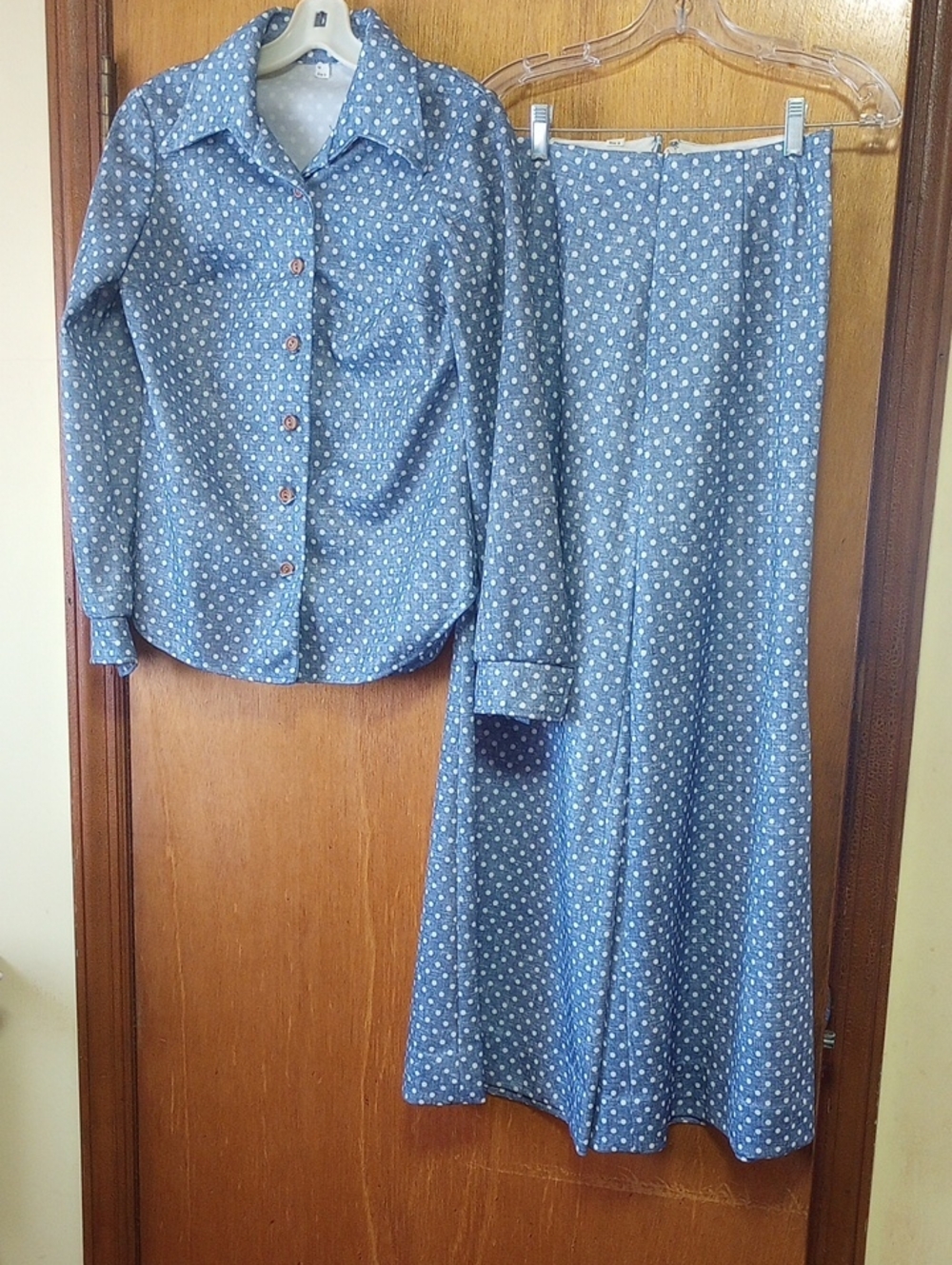 Vintage Retro 70s Polyester Polka Dot Jacket & Wide Leg Palazzo Pants, Sz 9